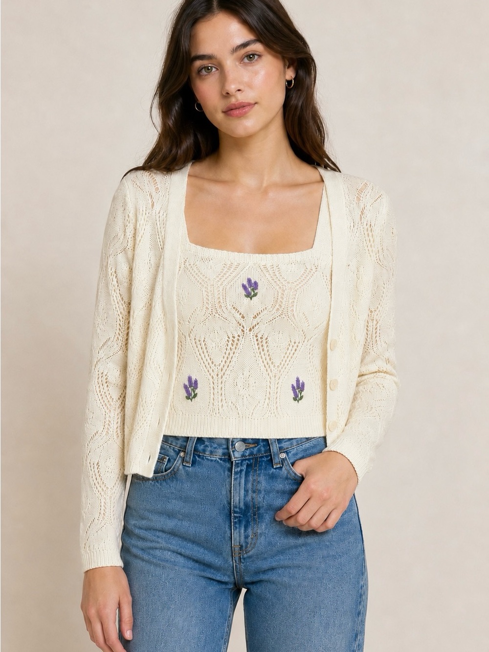 Pink Rose 2-Piece Pointelle Cardigan Tank Sweater Set